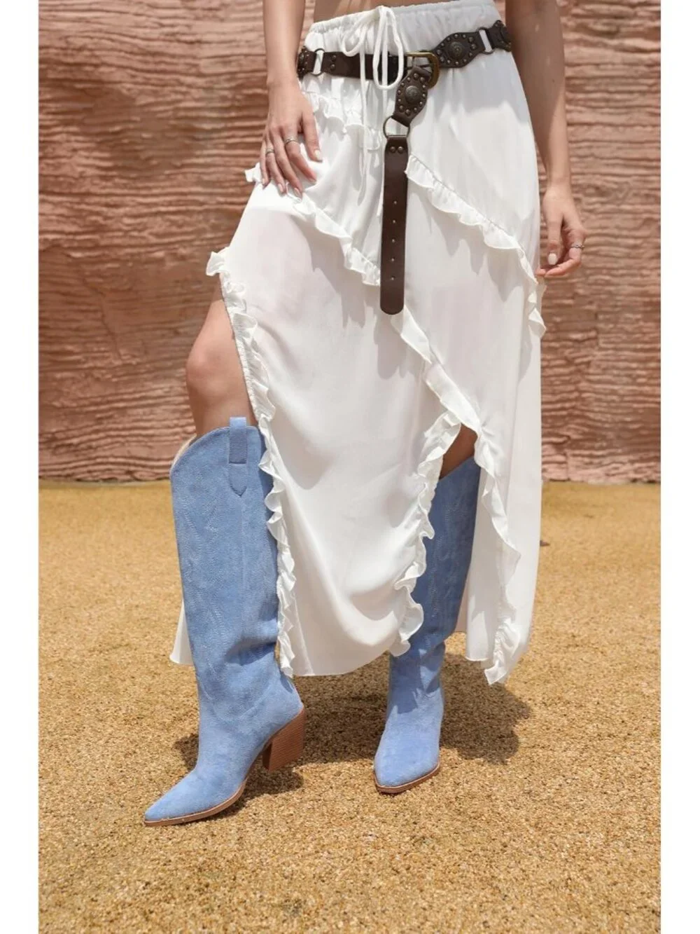 Women's Blue Pointed Toe Faux Leather Block Heel Heel Over The Knee Boots
